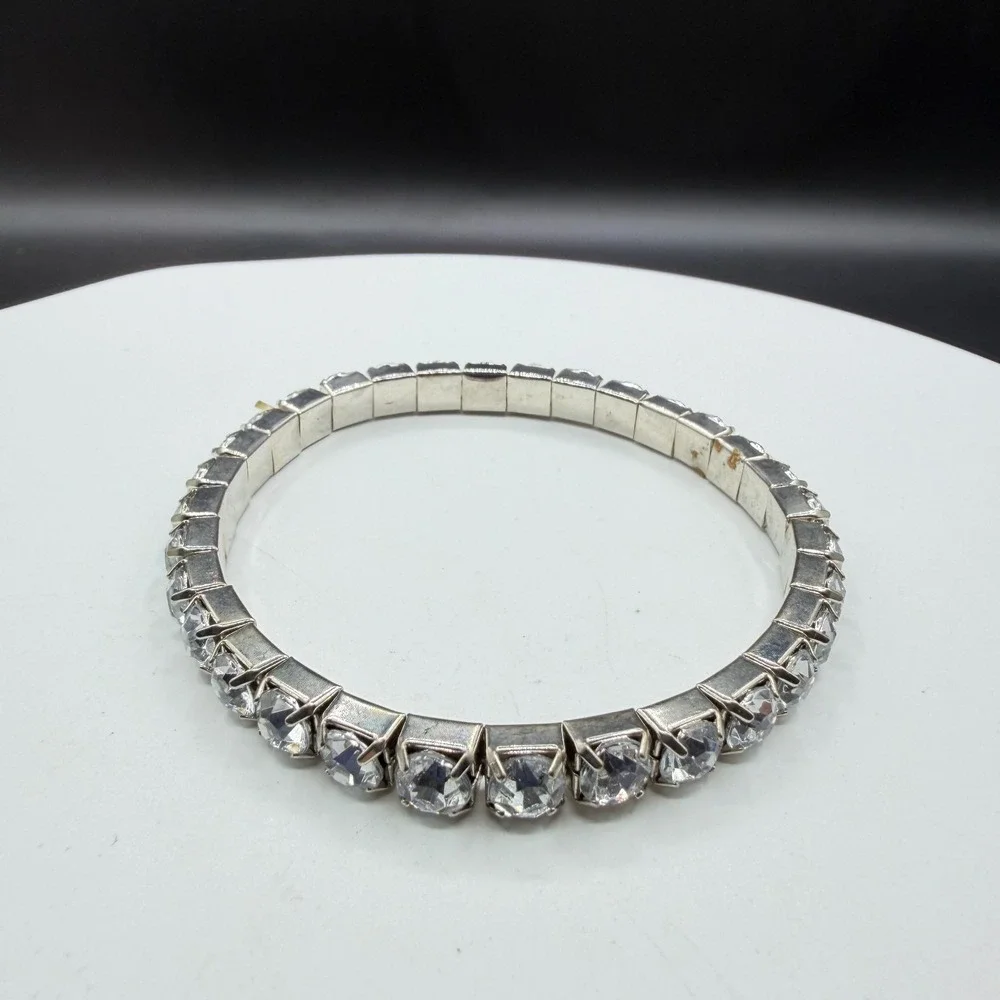 Clear Crystal Rhinestone Silver Tone Stretch Tennis Bracelet Statement Gift